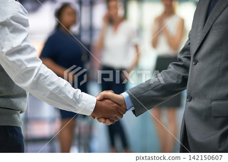 Handshake, deal and business men in office for partnership, collaboration or b2b agreement. Welcome, greeting and hr shaking hands with candidate for onboarding, hiring or recruitment in workplace. Handshake, deal and business men in office for partnership, collaboration or b2b agreement. Welcome, greeting and hr shaking hands with candidate for onboarding, hiring or recruitment in workplace. 142150607