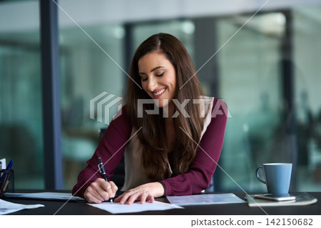 Happy, woman and writing notes in office for admin, brainstorming and planning schedule for internship. Paperwork, documents and girl at desk for creating, project and business report for company Happy, woman and writing notes in office for admin, brainstorming and planning schedule for internship. Paperwork, documents and girl at desk for creating, project and business report for company 142150682