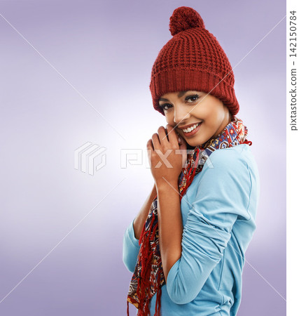 Portrait, beanie and smile of woman for winter fashion isolated on purple studio background mockup space. Face, happy and model in warm scarf, clothes or student with style for cold weather in Brazil Portrait, beanie and smile of woman for winter fashion isolated on purple studio background mockup space. Face, happy and model in warm scarf, clothes or student with style for cold weather in Brazil 142150784