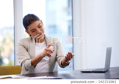 Business, office and woman with sanitiser for hands, hygiene and liquid for prevention, laptop and safety for flu season. Person, employee and consultant with pc, remove bacteria and cleaning palms Business, office and woman with sanitiser for hands, hygiene and liquid for prevention, laptop and safety for flu season. Person, employee and consultant with pc, remove bacteria and cleaning palms 142151061
