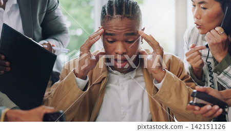 Headache, stress and black man with office chaos, burnout and deadline pressure. Overwhelmed, anxiety and male manager with workload, accountability and mental health crisis by angry compliance team 142151126