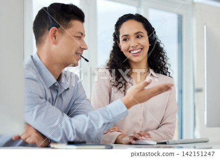 Call centre, man and woman with smile, talking and computer for website and market research online. Tech support, help and customer service with headset or headphones, insurance and communication Call centre, man and woman with smile, talking and computer for website and market research online. Tech support, help and customer service with headset or headphones, insurance and communication 142151247