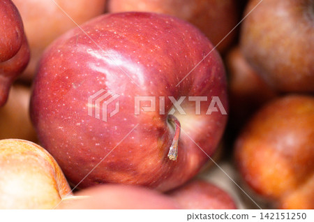 Fresh ripe apples close-up. Fresh ripe apples with a beautiful red-yellow blush. Fruit and vegetable stand. Autumn harvest. Fresh ripe apples close-up. Fresh ripe apples with a beautiful red-yellow blush. Fruit and vegetable stand. Autumn harvest. 142151250