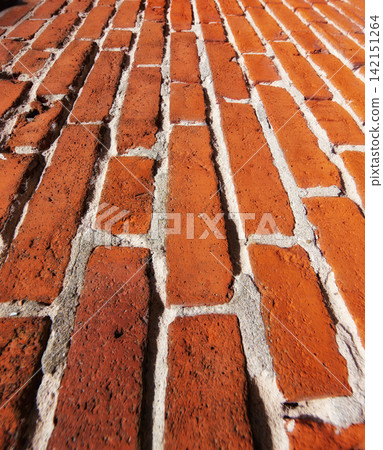 Building, pattern and closeup of red, brick wall for texture, background and design of exterior structure. Architecture, construction and surface of material, concrete and cement for decoration Building, pattern and closeup of red, brick wall for texture, background and design of exterior structure. Architecture, construction and surface of material, concrete and cement for decoration 142151264