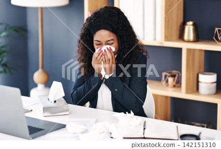 Black woman, business and tissue or blowing nose in office for allergies sneeze, virus or hayfever. Female person, sick and work deadline with bacteria infection or pneumonia disease, flu or overtime Black woman, business and tissue or blowing nose in office for allergies sneeze, virus or hayfever. Female person, sick and work deadline with bacteria infection or pneumonia disease, flu or overtime 142151310