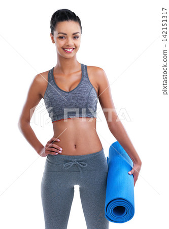 Yoga, mat and portrait of woman in studio, white background and fitness in mockup space. Holistic, exercise and girl ready to start workout or training in class for health, wellness and energy in gym Yoga, mat and portrait of woman in studio, white background and fitness in mockup space. Holistic, exercise and girl ready to start workout or training in class for health, wellness and energy in gym 142151317