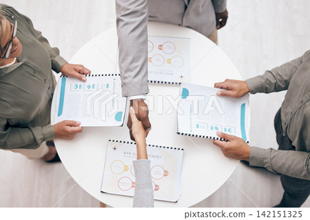 Teamwork, paperwork or business people shaking hands in meeting, b2b agreement or partnership. Support, report and above of executive director with job promotion, deal negotiation and opportunity Teamwork, paperwork or business people shaking hands in meeting, b2b agreement or partnership. Support, report and above of executive director with job promotion, deal negotiation and opportunity 142151325