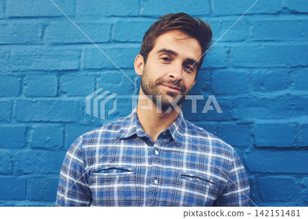 Man, confident in portrait and relax on wall background, casual fashion and positivity with blue aesthetic. Cool smirk, pride and model in checkered shirt, style and lumberjack outfit in Australia Man, confident in portrait and relax on wall background, casual fashion and positivity with blue aesthetic. Cool smirk, pride and model in checkered shirt, style and lumberjack outfit in Australia 142151481