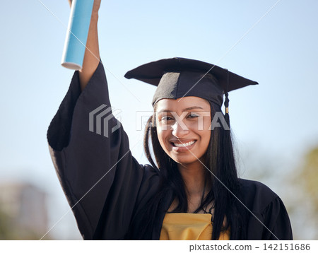 Graduation, smile and portrait of woman with scroll on university campus for education achievement. Happy, future and female student graduate with college diploma, degree or certificate to celebrate. Graduation, smile and portrait of woman with scroll on university campus for education achievement. Happy, future and female student graduate with college diploma, degree or certificate to celebrate. 142151686