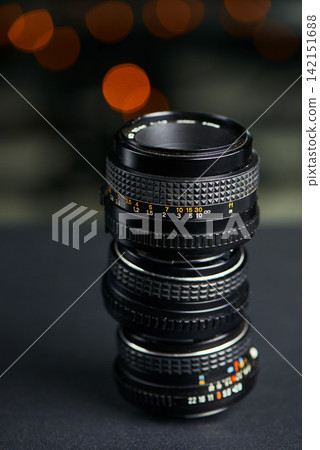 Group, camera lens and tools for photography, tech and gear for creativity with focus, visual and accessories for zoom. Collection, stack and photographer equipment, product for art and media 142151688