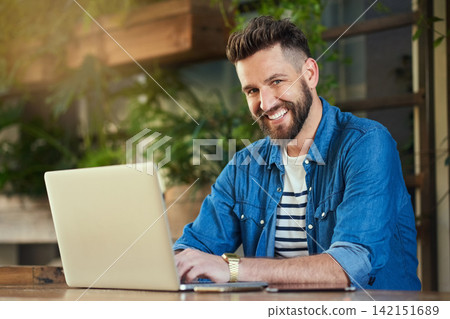 Portrait, man and cafe with laptop, smile and working or freelancer, remote work and male person. Typing, email and internet connection in copywriting, online job and seo research at coffee shop Portrait, man and cafe with laptop, smile and working or freelancer, remote work and male person. Typing, email and internet connection in copywriting, online job and seo research at coffee shop 142151689
