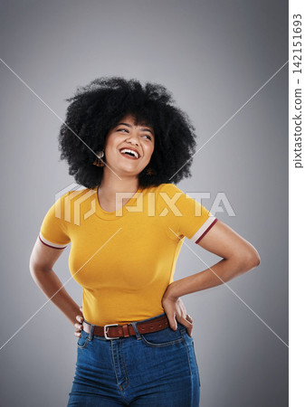 Woman, tshirt and smile of fashion, clothes and stylish with confidence of girl. Afro, happiness and female person in dark background, pride and hair for model, cool and trendy, cheerful and studio Woman, tshirt and smile of fashion, clothes and stylish with confidence of girl. Afro, happiness and female person in dark background, pride and hair for model, cool and trendy, cheerful and studio 142151693