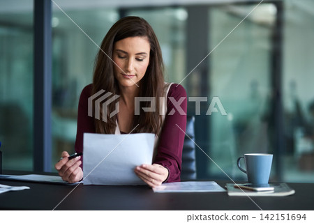 Contract, reading and business woman in office with pen for job promotion, onboarding or recruitment. Paperwork, career and female financial advisor with signature for company insurance document. Contract, reading and business woman in office with pen for job promotion, onboarding or recruitment. Paperwork, career and female financial advisor with signature for company insurance document. 142151694