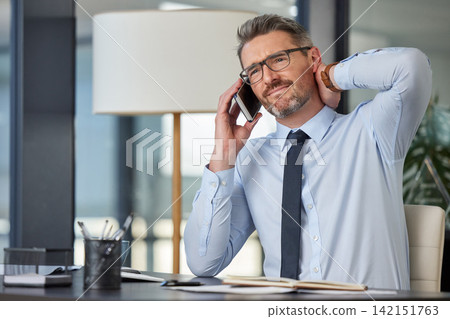 Phone call, businessman and neck pain in office, talk and conversation for advice. Virtual, muscle strain and ache for financial advisor on mobile with client, technology and workplace with computer Phone call, businessman and neck pain in office, talk and conversation for advice. Virtual, muscle strain and ache for financial advisor on mobile with client, technology and workplace with computer 142151763