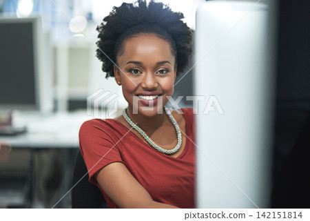 Business, black woman and creative and office portrait, worker and digital computer for website design. Technology, information and online search or networking, company employee in happy workplace Business, black woman and creative and office portrait, worker and digital computer for website design. Technology, information and online search or networking, company employee in happy workplace 142151814