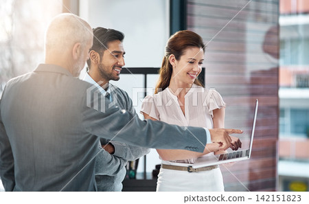 Corporate staff, laptop and office for digital information, review online report or view email. Diversity, team and tech and happy for read app, article search or collaboration for project planning 142151823