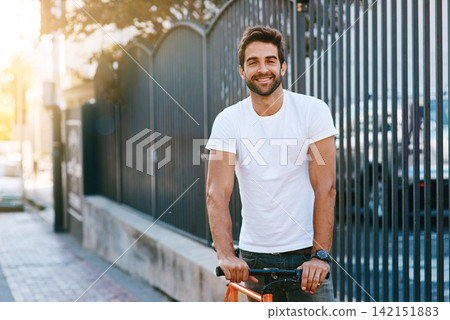 Travel, fashion and portrait of man with bicycle in city for sightseeing on vacation, holiday or adventure. Smile, walking and male person with bike in town street on weekend trip in Netherlands. Travel, fashion and portrait of man with bicycle in city for sightseeing on vacation, holiday or adventure. Smile, walking and male person with bike in town street on weekend trip in Netherlands. 142151883