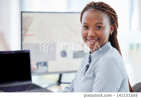 Portrait, business and black woman with computer, office and startup for journalist, research for story and smile. Face, African person or employee with laptop, magazine editor or writer with project Portrait, business and black woman with computer, office and startup for journalist, research for story and smile. Face, African person or employee with laptop, magazine editor or writer with project 142151888