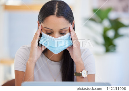 Frustrated woman, headache and stress with facemask in anxiety, burnout or mental health at office. Tired female person or employee with migraine in depression, burnout or pressure at workplace Frustrated woman, headache and stress with facemask in anxiety, burnout or mental health at office. Tired female person or employee with migraine in depression, burnout or pressure at workplace 142151908