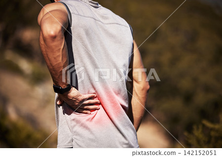 Man, runner and back pain in nature, injury and hurt outdoors on exercise or workout and accident. Male person, inflammation and fibromyalgia or sciatica issue, spine and strain while hiking or walk Man, runner and back pain in nature, injury and hurt outdoors on exercise or workout and accident. Male person, inflammation and fibromyalgia or sciatica issue, spine and strain while hiking or walk 142152051