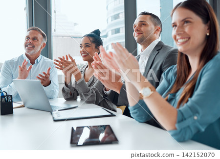 Applause, business and team in office for meeting with positive feedback of company growth or achievement. People, clapping hands and happy with celebration for success, good news and agency sales. Applause, business and team in office for meeting with positive feedback of company growth or achievement. People, clapping hands and happy with celebration for success, good news and agency sales. 142152070