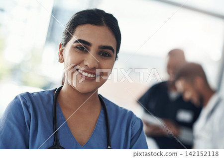 Portrait, nurse and smile of woman in hospital for healthcare career, wellness and service. Face, happy and young medical professional doctor, surgeon or confident expert employee coworking in clinic Portrait, nurse and smile of woman in hospital for healthcare career, wellness and service. Face, happy and young medical professional doctor, surgeon or confident expert employee coworking in clinic 142152118