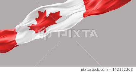 Canadian flag ribbon flowing isolated on grey background with copy space design for canada day banner 3D render 142152308