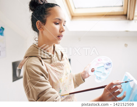 Woman, painting and palette in creative studio in house for art project, student and canvas. Artist, watercolor and design workshop for learning, exhibition and gen z girl with talent in apartment Woman, painting and palette in creative studio in house for art project, student and canvas. Artist, watercolor and design workshop for learning, exhibition and gen z girl with talent in apartment 142152509