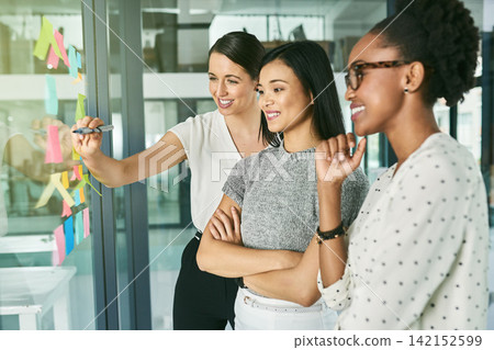 Business people, smile in meeting or writing schedule on glass wall for brainstorming, teamwork and tasks. Employees, happy and sticky note on clear board for project plan, collaboration or idea 142152599