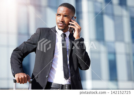Phone call, black man and urban for business, chat and conversation for sales. Networking, communication and mobile smartphone for talk in city, entrepreneur and travel for conference or seminar trip 142152725