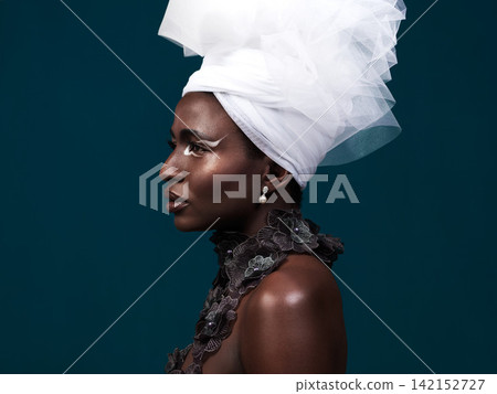 Profile, fashion and black woman with makeup, beauty and confidence on dark studio background. Face, head wrap and African model with traditional outfit, eyeshadow cosmetics and creative with glamour 142152727