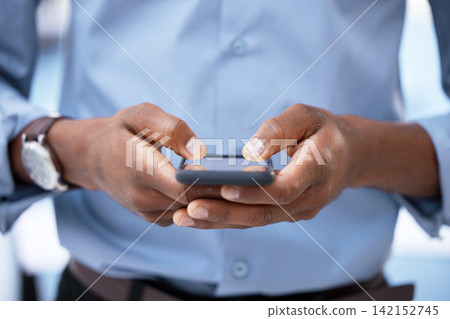 Hand, typing and businessman contact with phone, chat to client and scroll news of stocks. Professional, person and research crypto investment or trader on smartphone or reading financial info on app Hand, typing and businessman contact with phone, chat to client and scroll news of stocks. Professional, person and research crypto investment or trader on smartphone or reading financial info on app 142152745