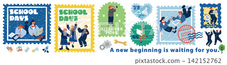 "SCHOOL DAYS" - Stamp-style banner illustration with a student life theme "SCHOOL DAYS" - Stamp-style banner illustration with a student life theme 142152762