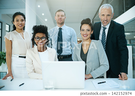 Team, business and laptop in office for portrait or meeting with collaboration or support for project ideas. Smile, corporate and people with digital technology for information on negotiation deal Team, business and laptop in office for portrait or meeting with collaboration or support for project ideas. Smile, corporate and people with digital technology for information on negotiation deal 142152974