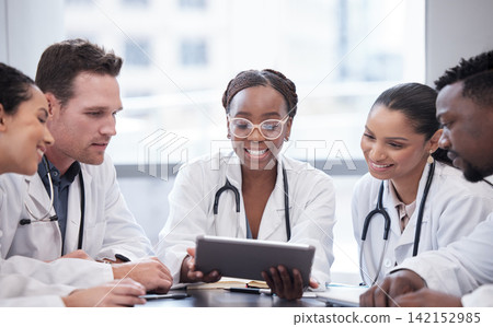 Smile, doctor and team on tablet for planning research, healthcare or people in discussion in hospital meeting. Tech, happy or medical professional group for collaboration, wellness and diversity Smile, doctor and team on tablet for planning research, healthcare or people in discussion in hospital meeting. Tech, happy or medical professional group for collaboration, wellness and diversity 142152985