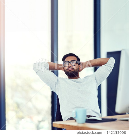 Businessman, relax and thinking on break at office for peace, stress relief or free time. Man or employee in wonder, thought or stretching for rest, freedom or completion from tasks at workplace Businessman, relax and thinking on break at office for peace, stress relief or free time. Man or employee in wonder, thought or stretching for rest, freedom or completion from tasks at workplace 142153008