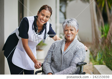 Senior woman, nurse and wheelchair with portrait at nursing home for help, healthcare and love. Elderly person, caregiver and chair at retirement house for support, wellness and care. with face Senior woman, nurse and wheelchair with portrait at nursing home for help, healthcare and love. Elderly person, caregiver and chair at retirement house for support, wellness and care. with face 142153030