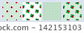 Set of four seamless patterns featuring cute ladybugs, green clover leaves, stripes, and gingham checks. Perfect for spring designs, wrapping paper, scrapbooking and fabric prints. Vector illustration 142153103