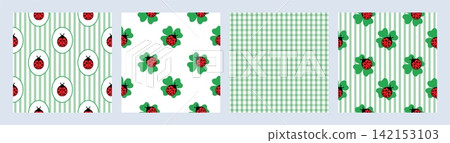 Set of four seamless patterns featuring cute ladybugs, green clover leaves, stripes, and gingham checks. Perfect for spring designs, wrapping paper, scrapbooking and fabric prints. Vector illustration Set of four seamless patterns featuring cute ladybugs, green clover leaves, stripes, and gingham checks. Perfect for spring designs, wrapping paper, scrapbooking and fabric prints. Vector illustration 142153103