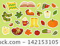 A cute collection of autumn sticker elements featuring cozy socks, pumpkin pie, warm drinks, leaves, and seasonal decor, perfect for fall designs, planners, and scrapbooking projects 142153105