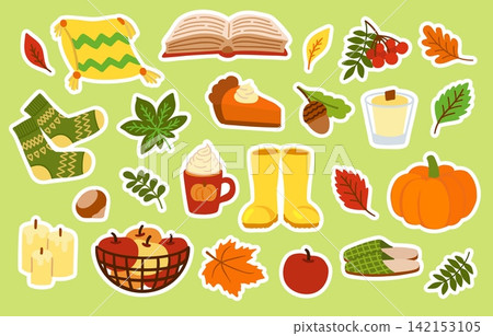 A cute collection of autumn sticker elements featuring cozy socks, pumpkin pie, warm drinks, leaves, and seasonal decor, perfect for fall designs, planners, and scrapbooking projects A cute collection of autumn sticker elements featuring cozy socks, pumpkin pie, warm drinks, leaves, and seasonal decor, perfect for fall designs, planners, and scrapbooking projects 142153105