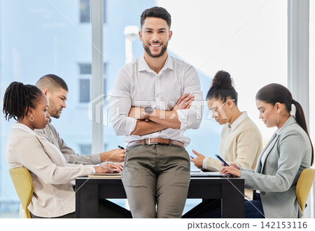 Office team, meeting or portrait of businessman with arms crossed for leadership, confidence or career pride. Happy, manager or group at digital agency for creative, collaboration or project research Office team, meeting or portrait of businessman with arms crossed for leadership, confidence or career pride. Happy, manager or group at digital agency for creative, collaboration or project research 142153116