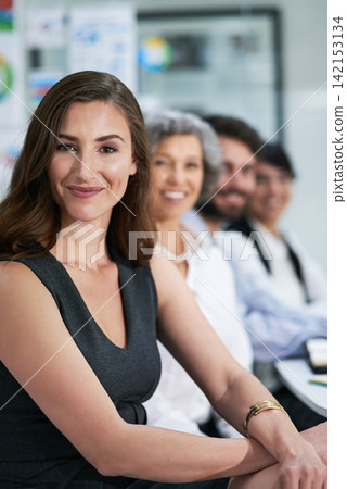 Portrait, business and woman for meeting in office with staff for teamwork or collaboration on planning for company growth. Smile, confident and people ideas in boardroom with support for work Portrait, business and woman for meeting in office with staff for teamwork or collaboration on planning for company growth. Smile, confident and people ideas in boardroom with support for work 142153134