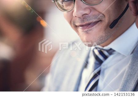 Face, man and happy as employee at call center with customer or client support and service. Portrait, crm and mouth with microphone as consultant with smile with job and career growth as agent 142153136
