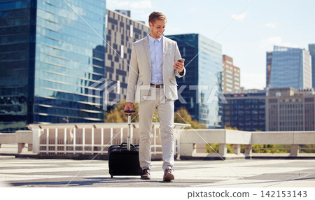 Smile, phone and businessman in city with luggage for travel, commute or reading email outdoor. Mobile, happy professional and suitcase in street for journey, walking or salesman online for news app Smile, phone and businessman in city with luggage for travel, commute or reading email outdoor. Mobile, happy professional and suitcase in street for journey, walking or salesman online for news app 142153143