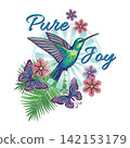 Emblem with hummingbird, butterflies, flowers 142153179