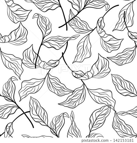 Seamless linear pattern with sprigs with leaves Seamless linear pattern with sprigs with leaves 142153181