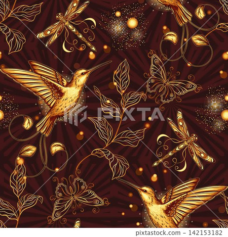 Golden pattern with hummingbird, floral elements, Golden pattern with hummingbird, floral elements, 142153182