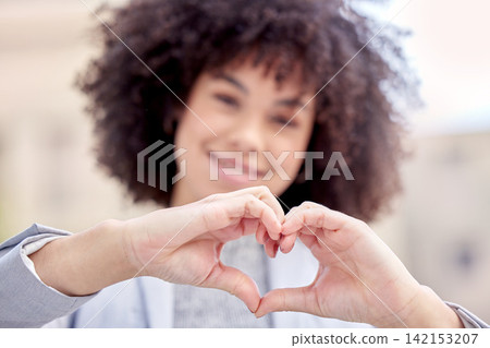 Business, outdoor or happy woman with heart hands for support, love or charity in city or urban town. Outside, wellness or entrepreneur person with shape for health care, trust or company kindness Business, outdoor or happy woman with heart hands for support, love or charity in city or urban town. Outside, wellness or entrepreneur person with shape for health care, trust or company kindness 142153207