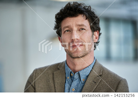 Thinking, ideas and businessman in office for planning, decision or brainstorming for startup budget. Happy, memory and professional financial advisor with question for finance project in workplace. 142153256